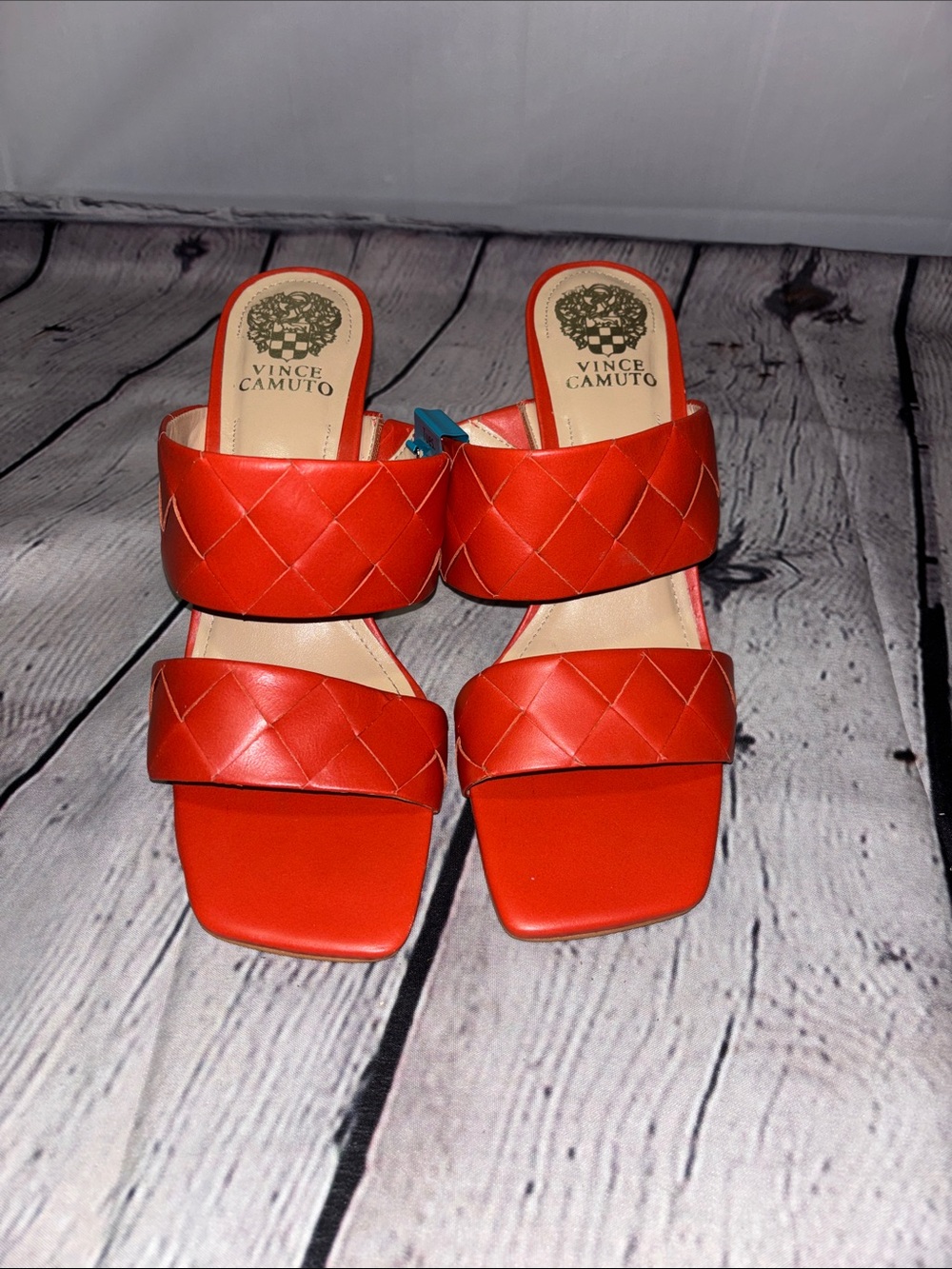 Vince Camuto Orange Red Woven Double-Strap Slide Mules